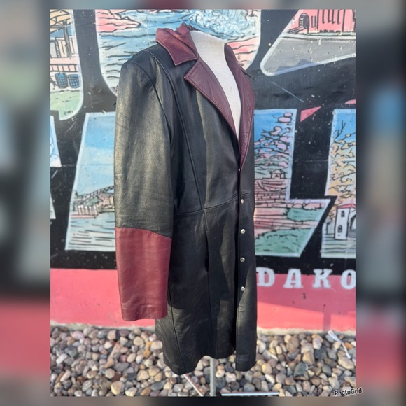 Vintage 1980’s Black & Burgundy Leather Trench Duster Men’s Coat with Hood XL - Picture 3 of 10